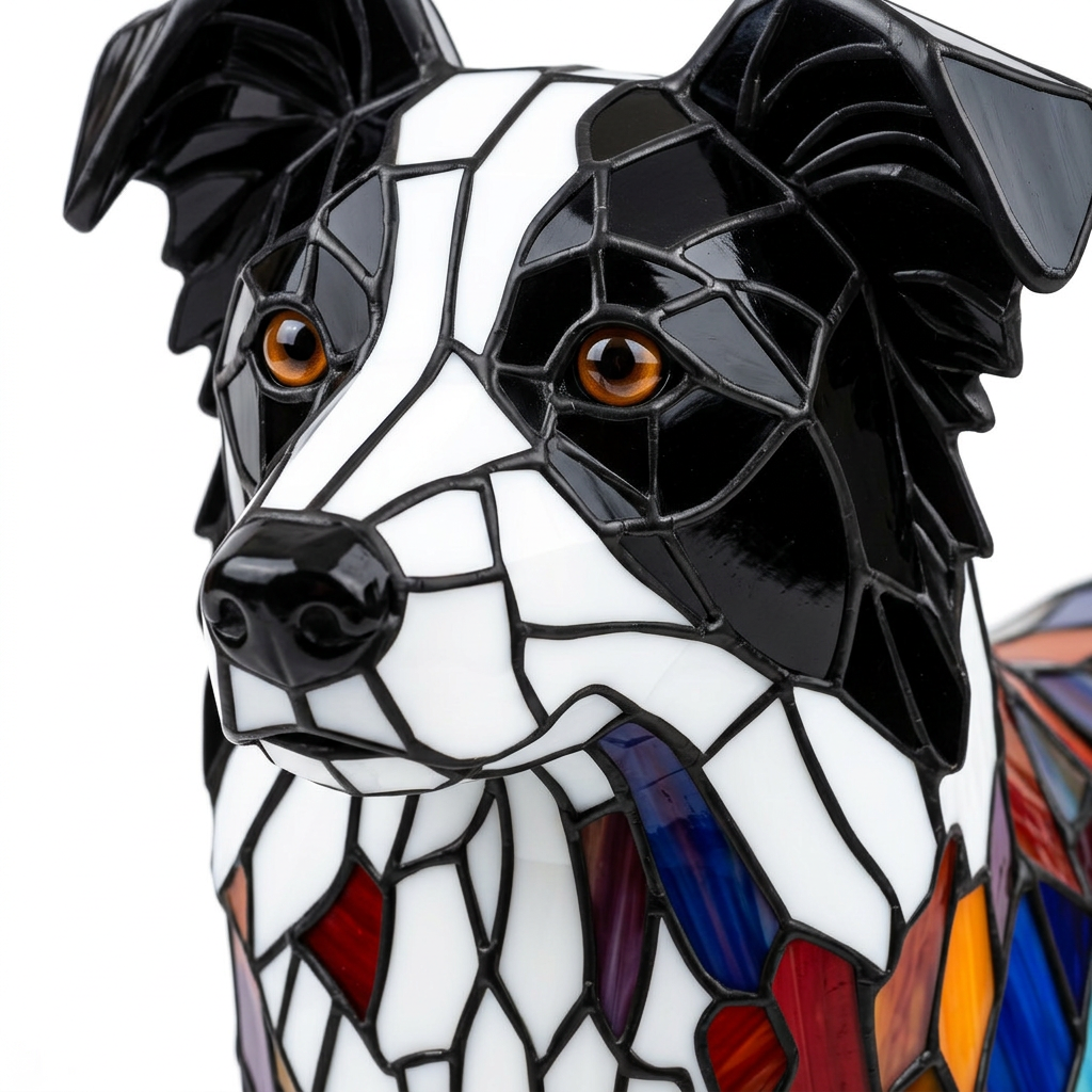 Close-up van de Border Collie dierenlamp, kleurrijk mozaïekdetail