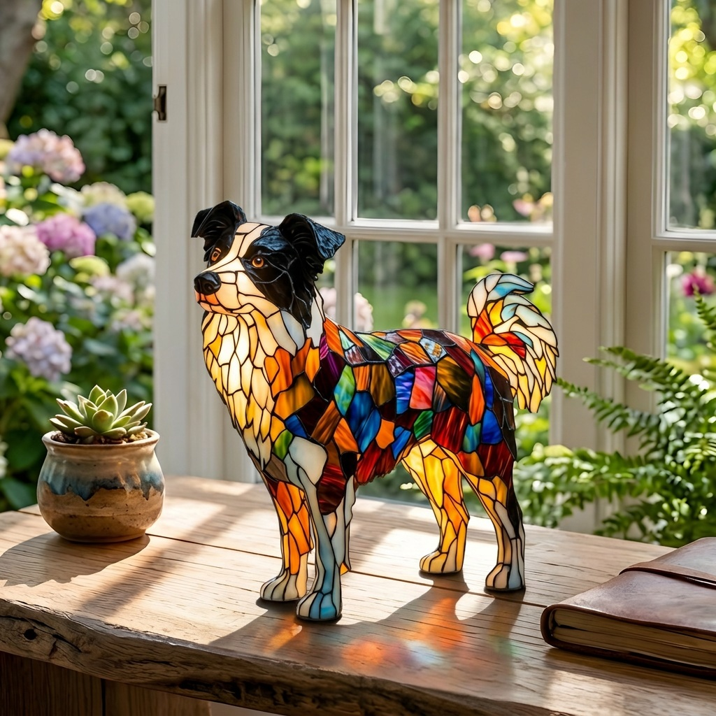 Border Collie dierenlamp op een houten tafel in een lichte kamer