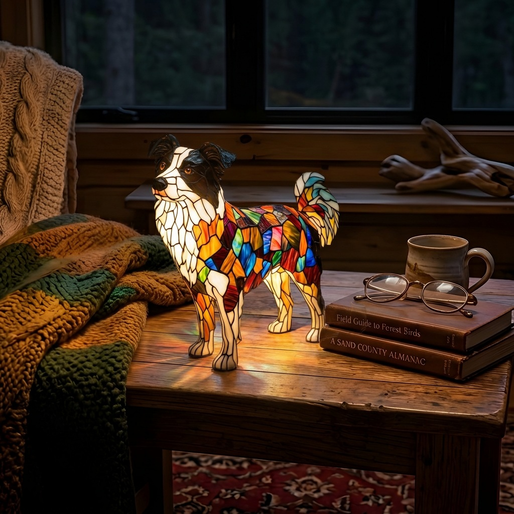 Border Collie dierenlamp die gezellig gloeit in een kamer 's avonds