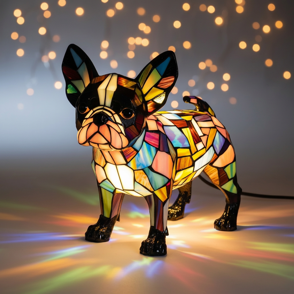 Boston Terriër dierenlamp in glas-in-lood-stijl, verlicht
