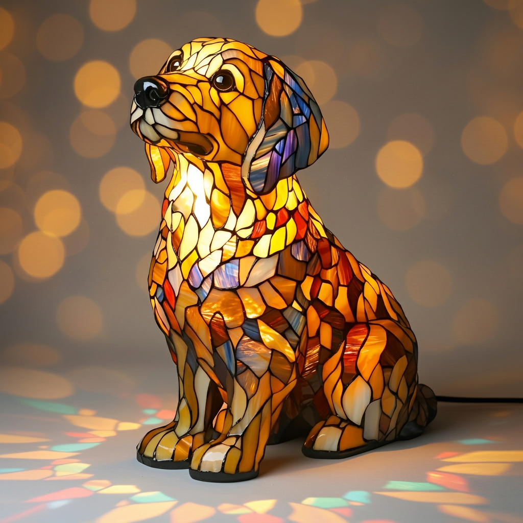 Buddy Golden Retriever dierenlamp in glas-in-lood-stijl, verlicht