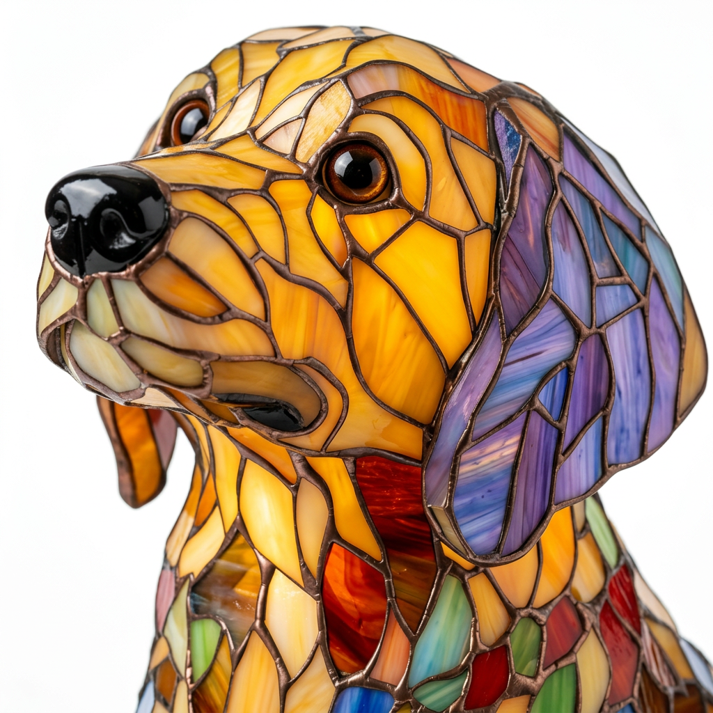 Close-up van de Buddy Golden Retriever dierenlamp, kleurrijk mozaïekdetail