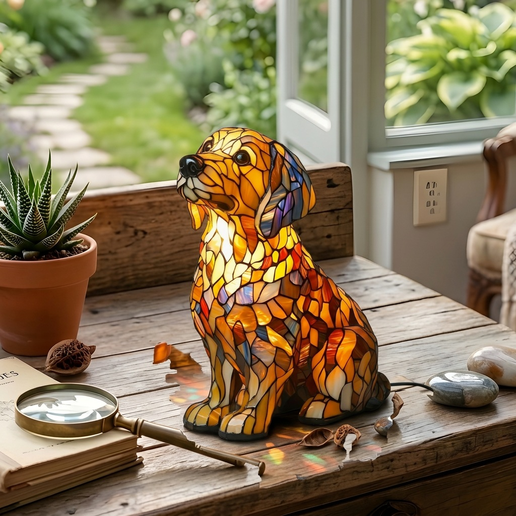 Buddy Golden Retriever dierenlamp op een houten tafel in een lichte kamer