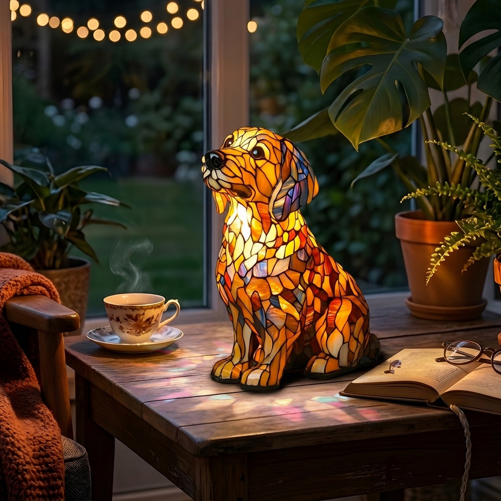 Buddy Golden Retriever dierenlamp die gezellig gloeit in een kamer 's avonds