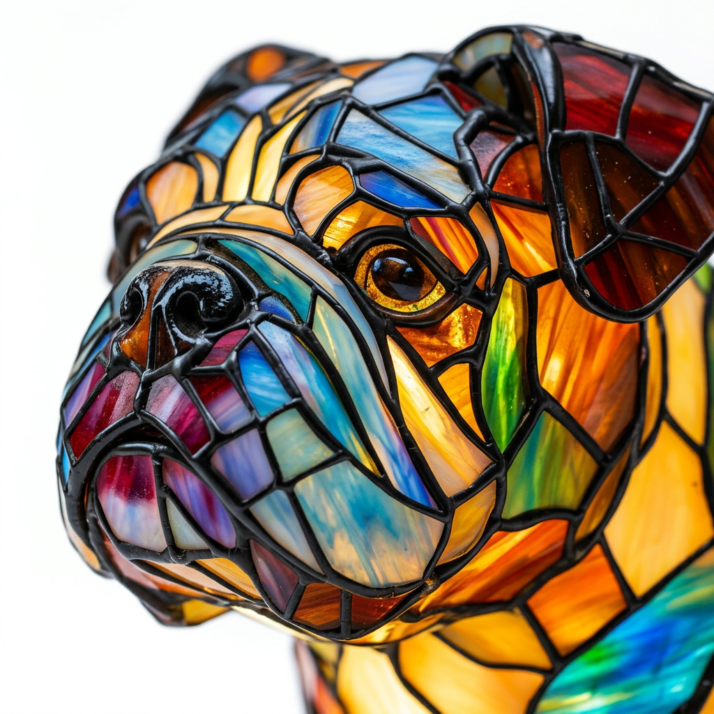 Close-up van de Edele Bulldog dierenlamp, kleurrijk mozaïekdetail
