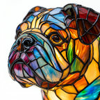 Close-up van de Edele Bulldog dierenlamp, kleurrijk mozaïekdetail