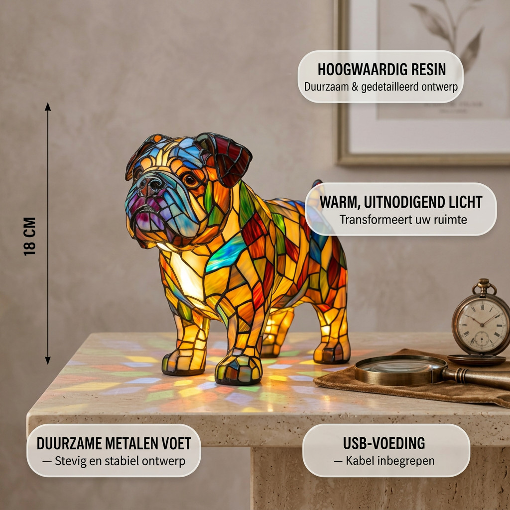 Edele Bulldog dierenlamp met productkenmerken