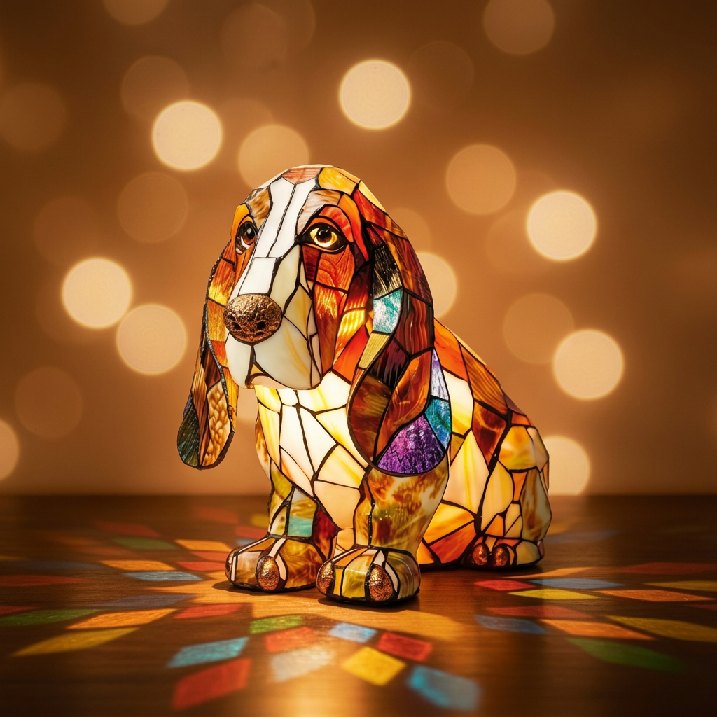Serene Metgezel Hond dierenlamp in glas-in-lood-stijl, verlicht