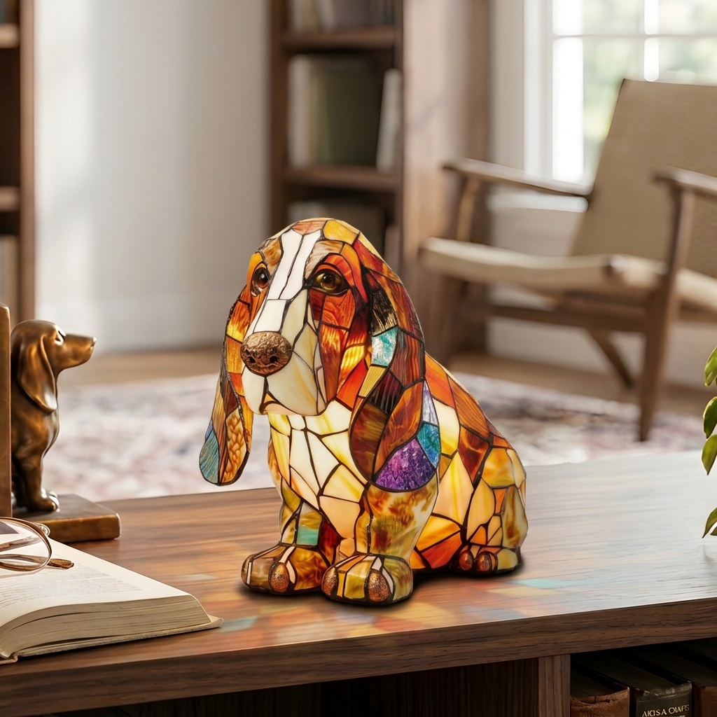 Serene Metgezel Hond dierenlamp op een houten tafel in een lichte kamer