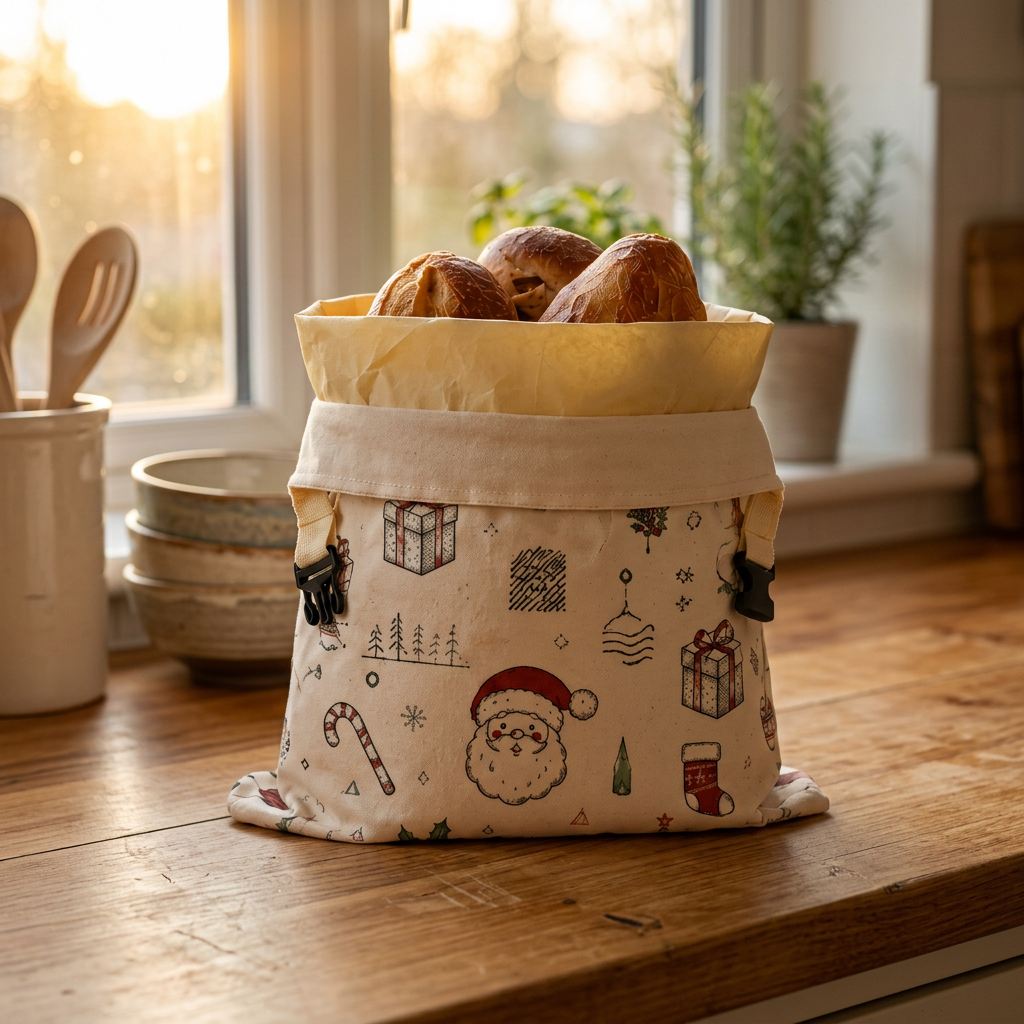 Broodzak met bijenwas Kerstman op het aanrecht