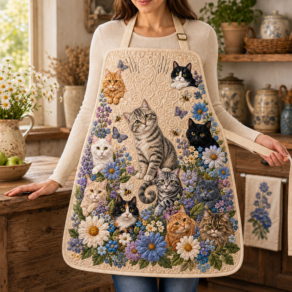 Tablier de cuisine matelassé Chat parmi les Fleurs