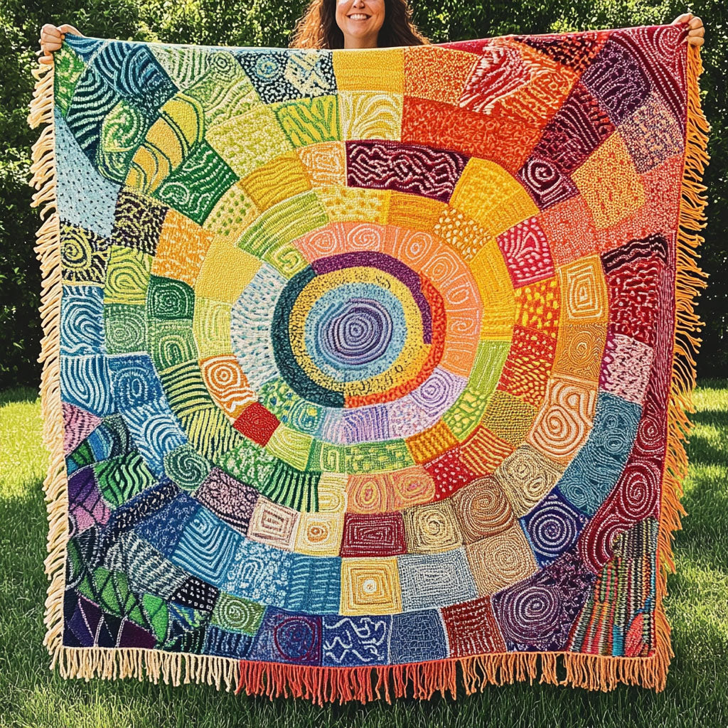 Plaid tissé Éclat céleste – une spirale en patchwork éclatante dans toutes les couleurs de l'arc-en-ciel, avec des motifs richement texturés dans chaque pièce
