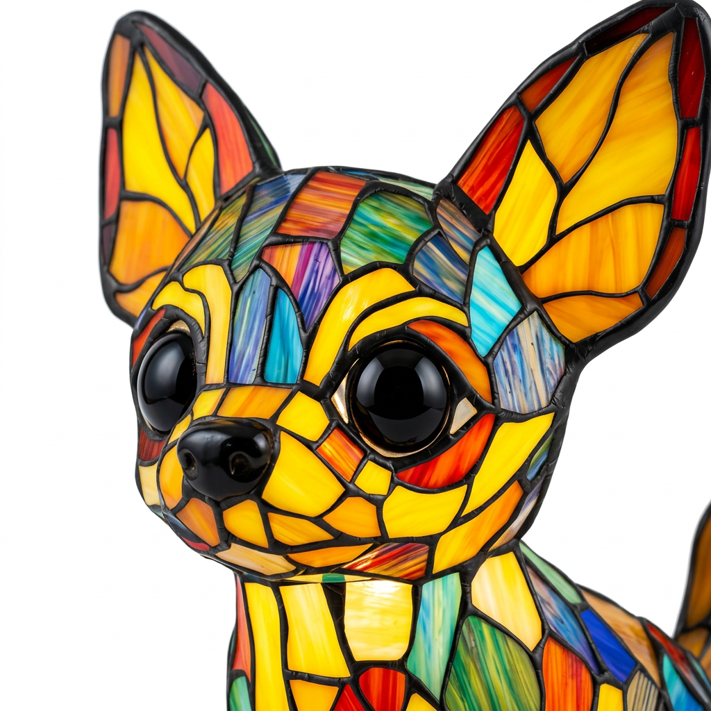 Close-up van de Chihuahua Charme dierenlamp, kleurrijk mozaïekdetail