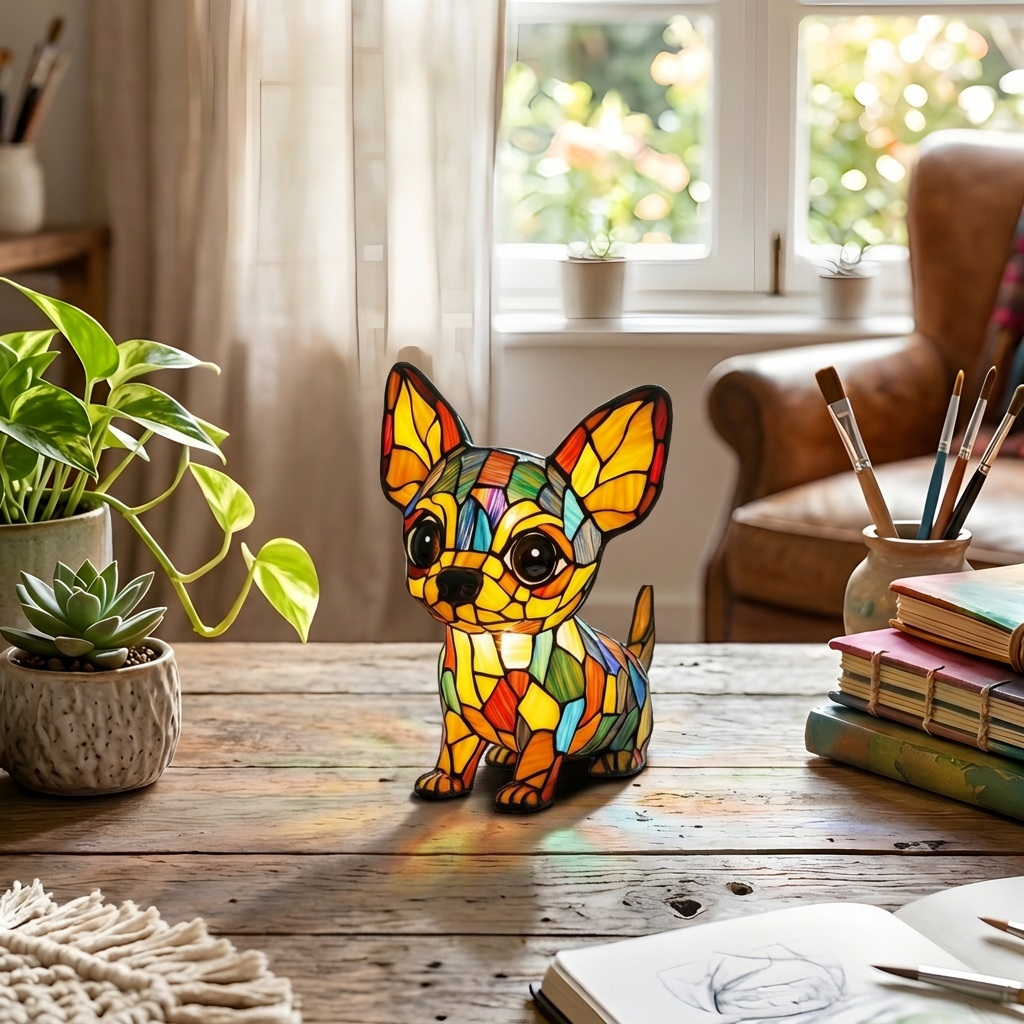 Chihuahua Charme dierenlamp op een houten tafel in een lichte kamer