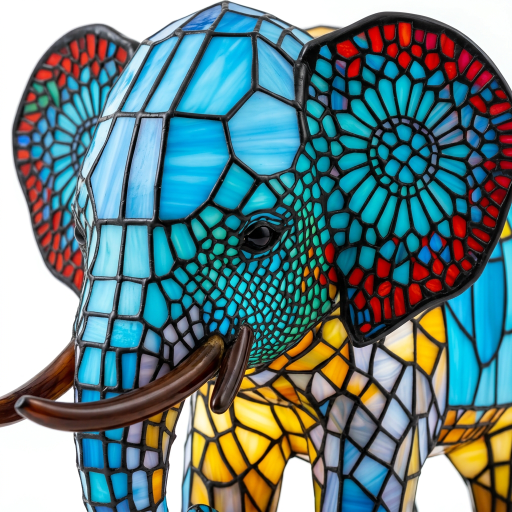 Gros plan de la lampe animale Noa Éléphant, détail de la mosaïque colorée