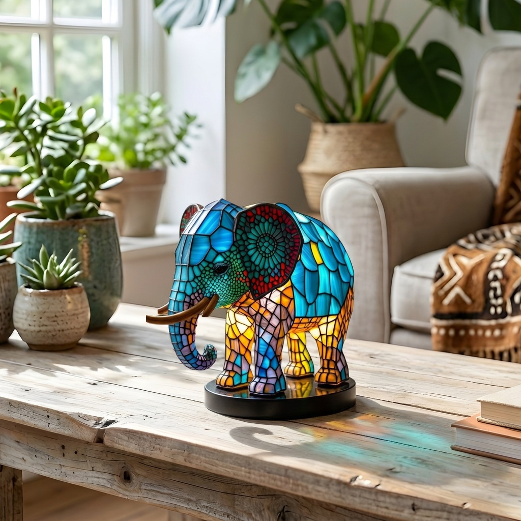 Lampe animale Noa Éléphant sur une table en bois dans une pièce lumineuse