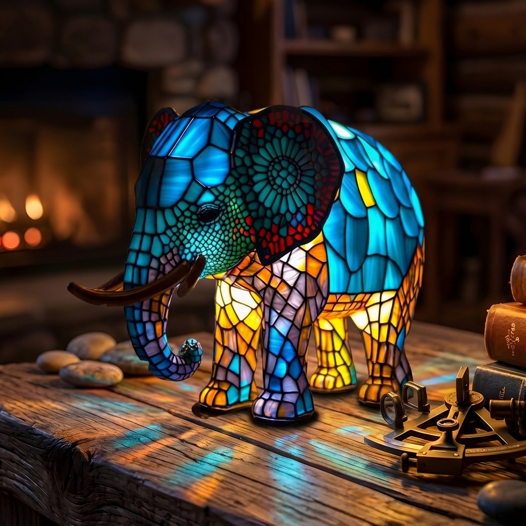Lampe animale Noa Éléphant allumée dans une pièce chaleureuse le soir