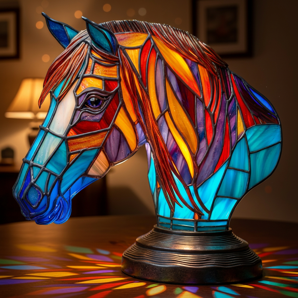 Edel Paard dierenlamp in glas-in-lood-stijl, verlicht