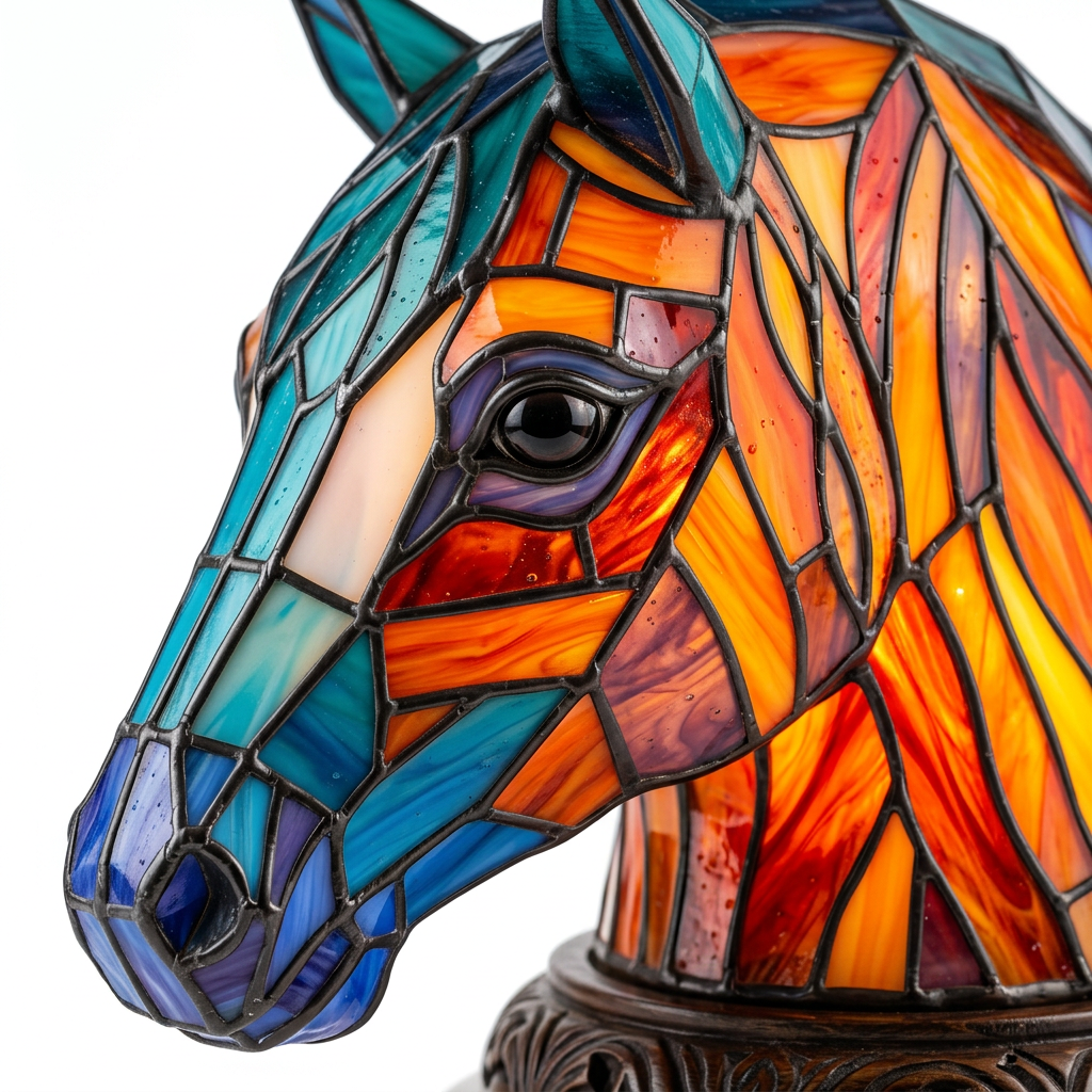 Close-up van de Edel Paard dierenlamp, kleurrijk mozaïekdetail