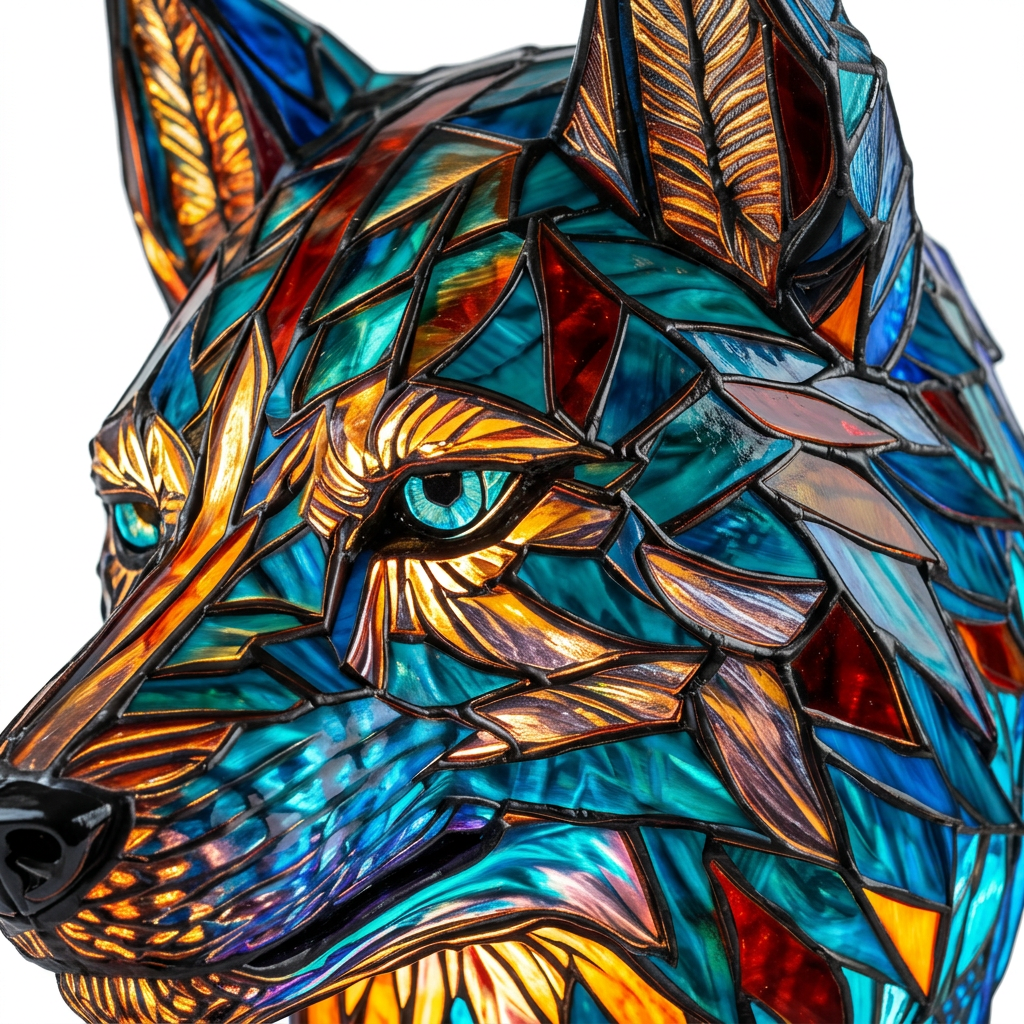 Gros plan de la lampe animale Bo Loup, détail de la mosaïque colorée
