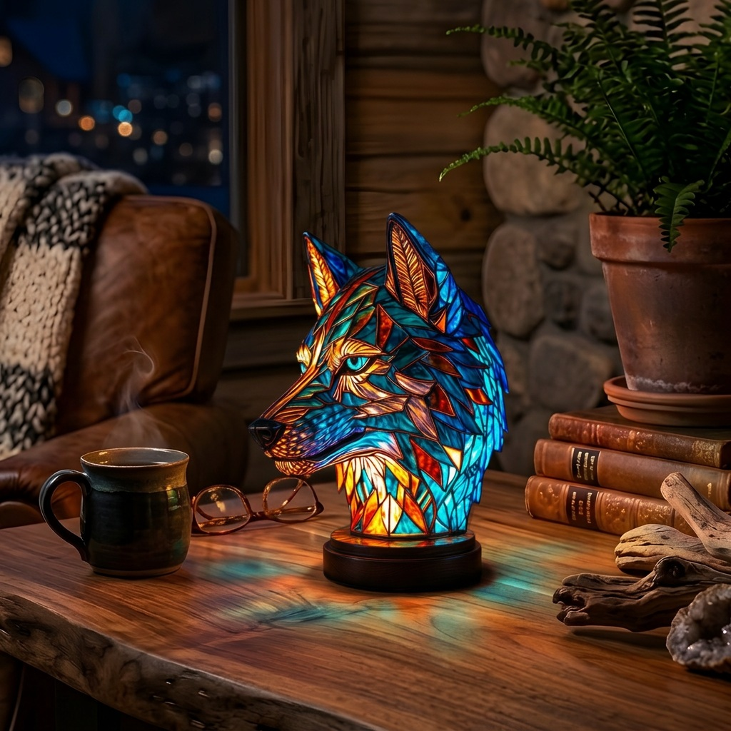 Bo Wolf dierenlamp die gezellig gloeit in een kamer 's avonds