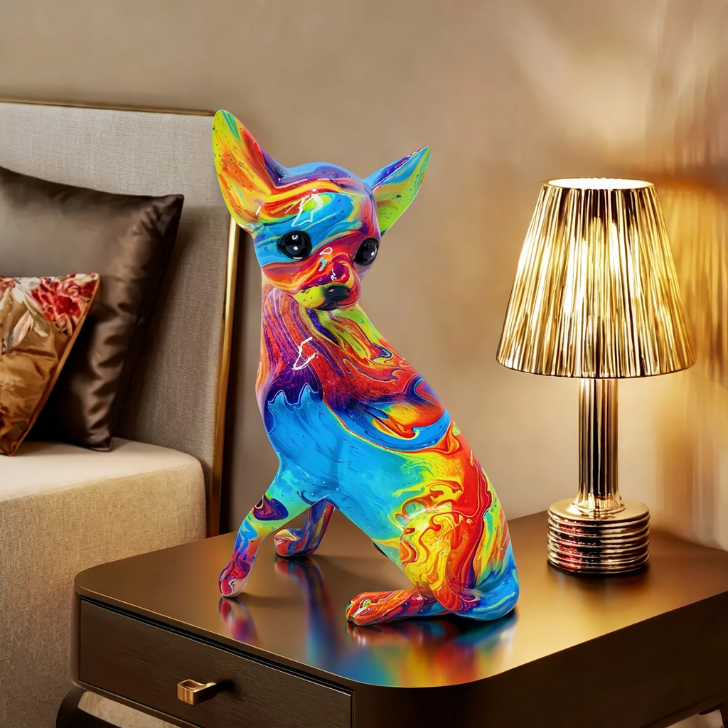 Resin Chihuahua dierenlamp in glas-in-lood-stijl, verlicht