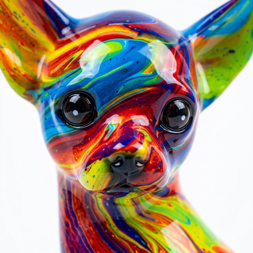 Close-up van de Resin Chihuahua dierenlamp, kleurrijk mozaïekdetail