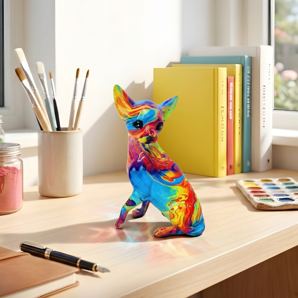 Resin Chihuahua dierenlamp op een houten tafel in een lichte kamer