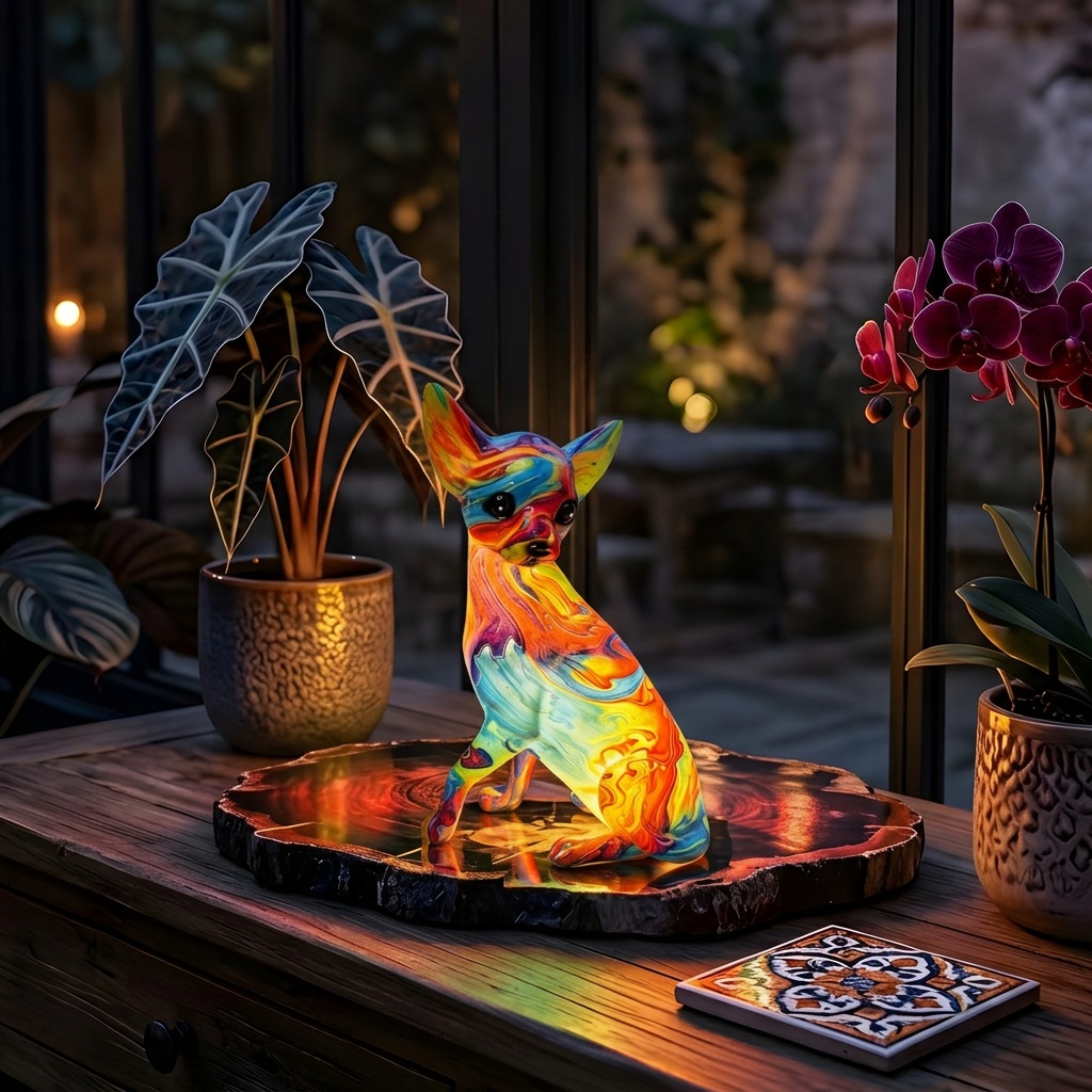 Resin Chihuahua dierenlamp die gezellig gloeit in een kamer 's avonds