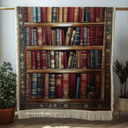 Geweven plaid Klassieke bibliotheek – een houten boekenkast vol in leer gebonden boeken in dieprood, blauw en groen