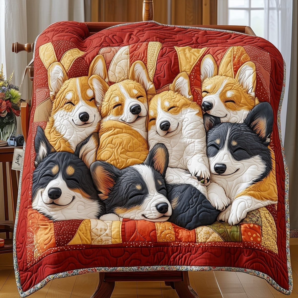 Couvre-lit matelassé Corgis câlins – motif complet