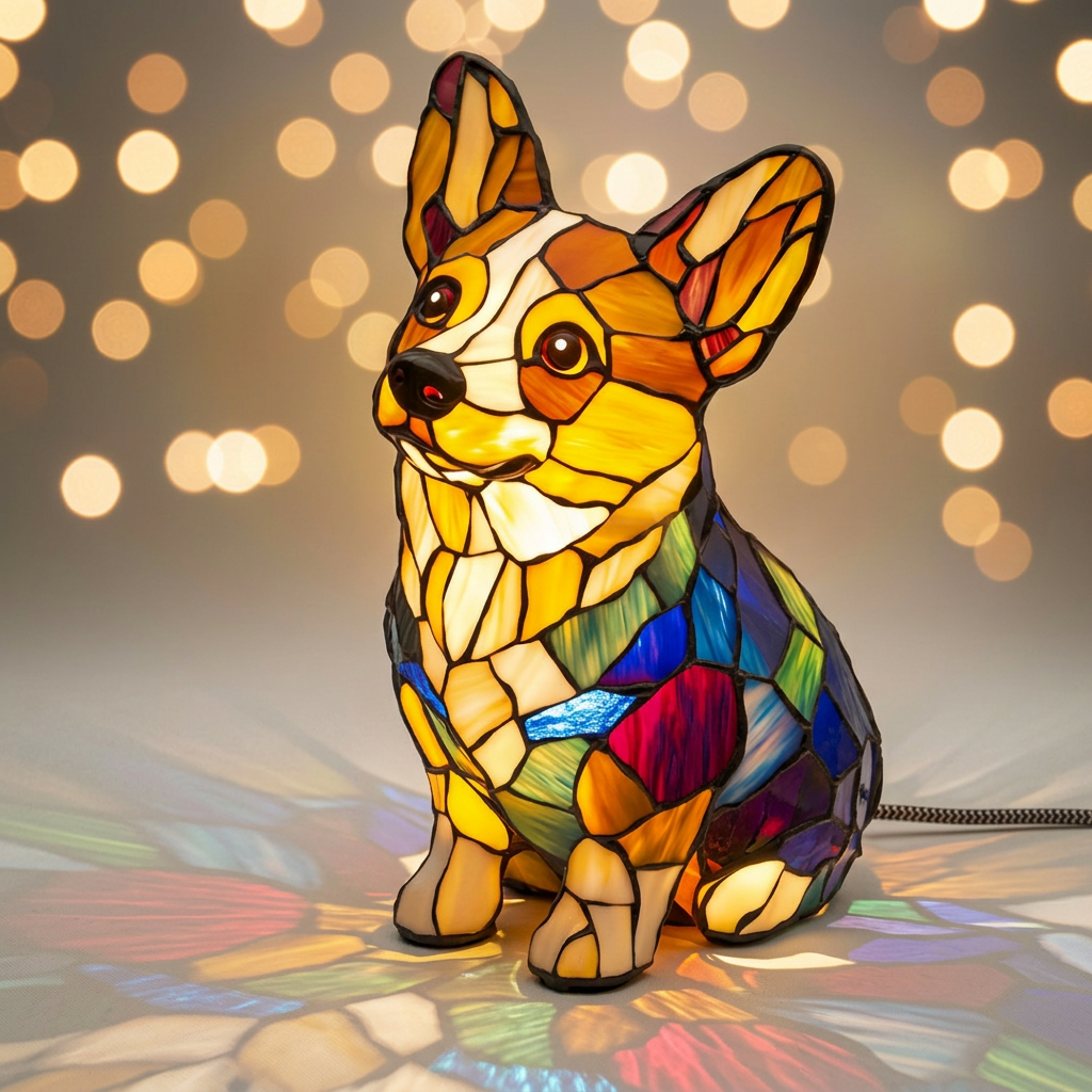 Vrolijke Corgi dierenlamp in glas-in-lood-stijl, verlicht
