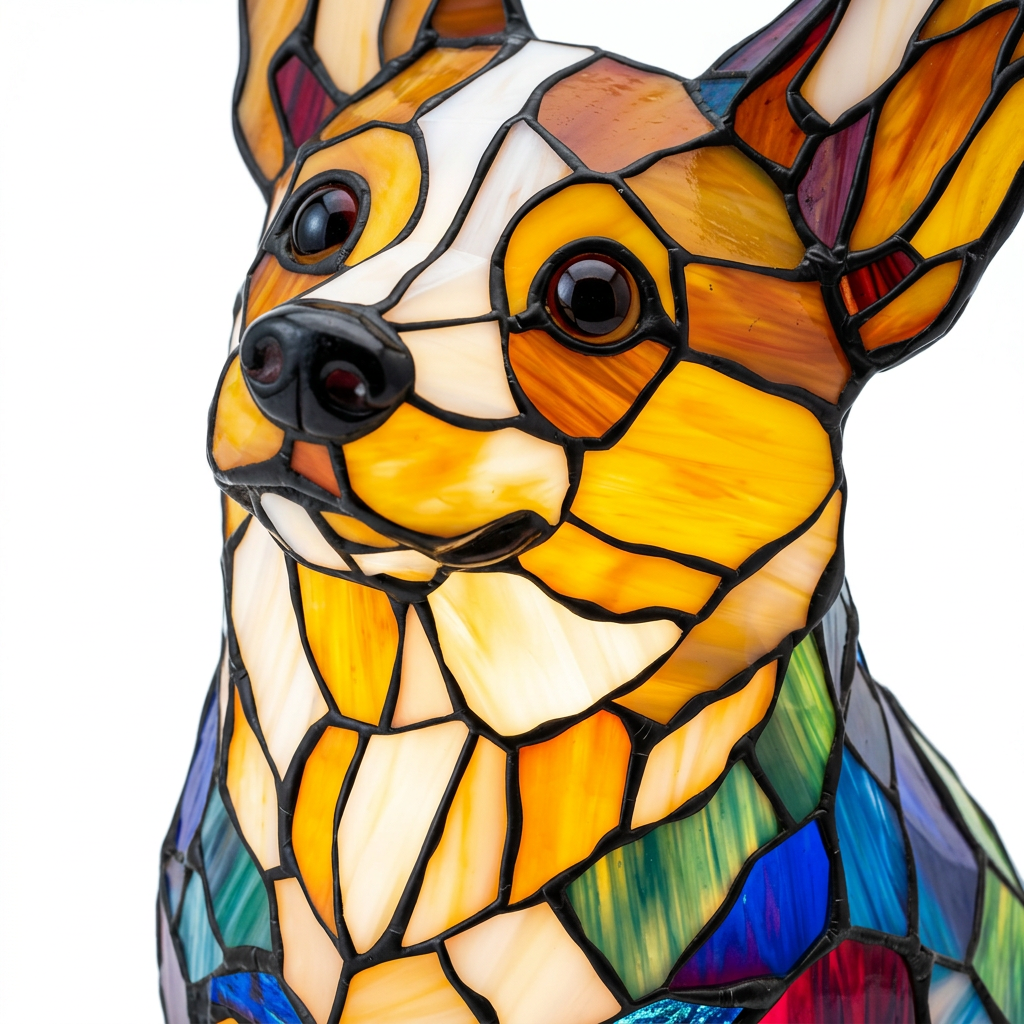 Close-up van de Vrolijke Corgi dierenlamp, kleurrijk mozaïekdetail