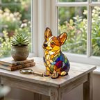 Vrolijke Corgi dierenlamp op een houten tafel in een lichte kamer