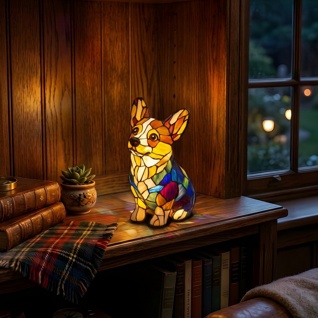 Vrolijke Corgi dierenlamp die gezellig gloeit in een kamer 's avonds