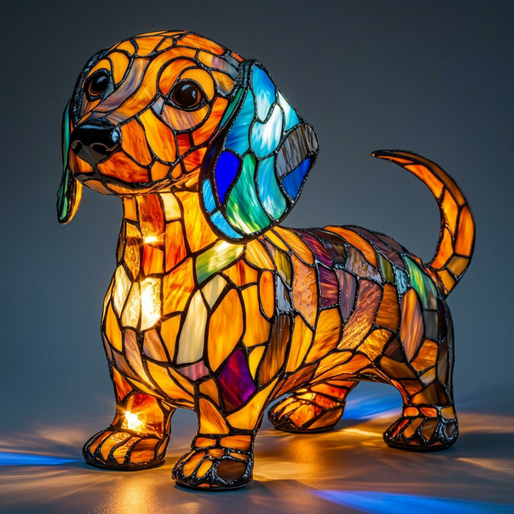 Lampe animale Teckel Rayonnant style vitrail, allumée