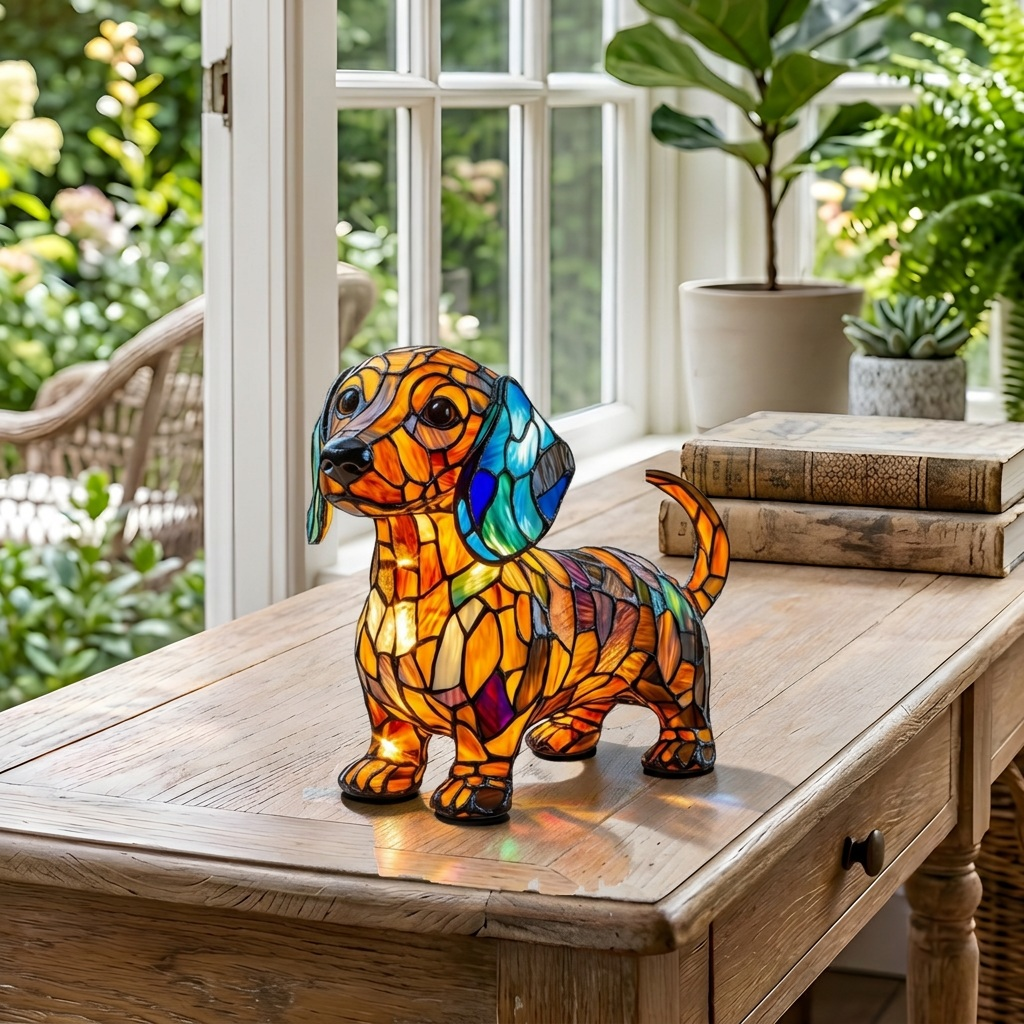 Lampe animale Teckel Rayonnant sur une table en bois dans une pièce lumineuse