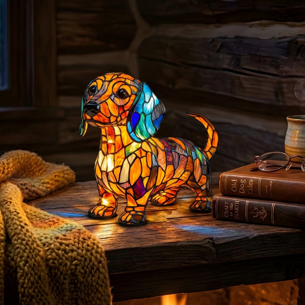 Lampe animale Teckel Rayonnant allumée dans une pièce chaleureuse le soir