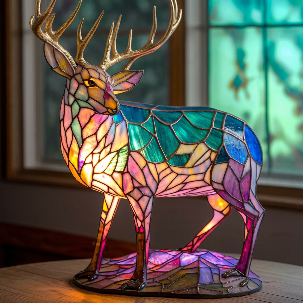 Hertenlamp Sand dierenlamp in glas-in-lood-stijl, verlicht