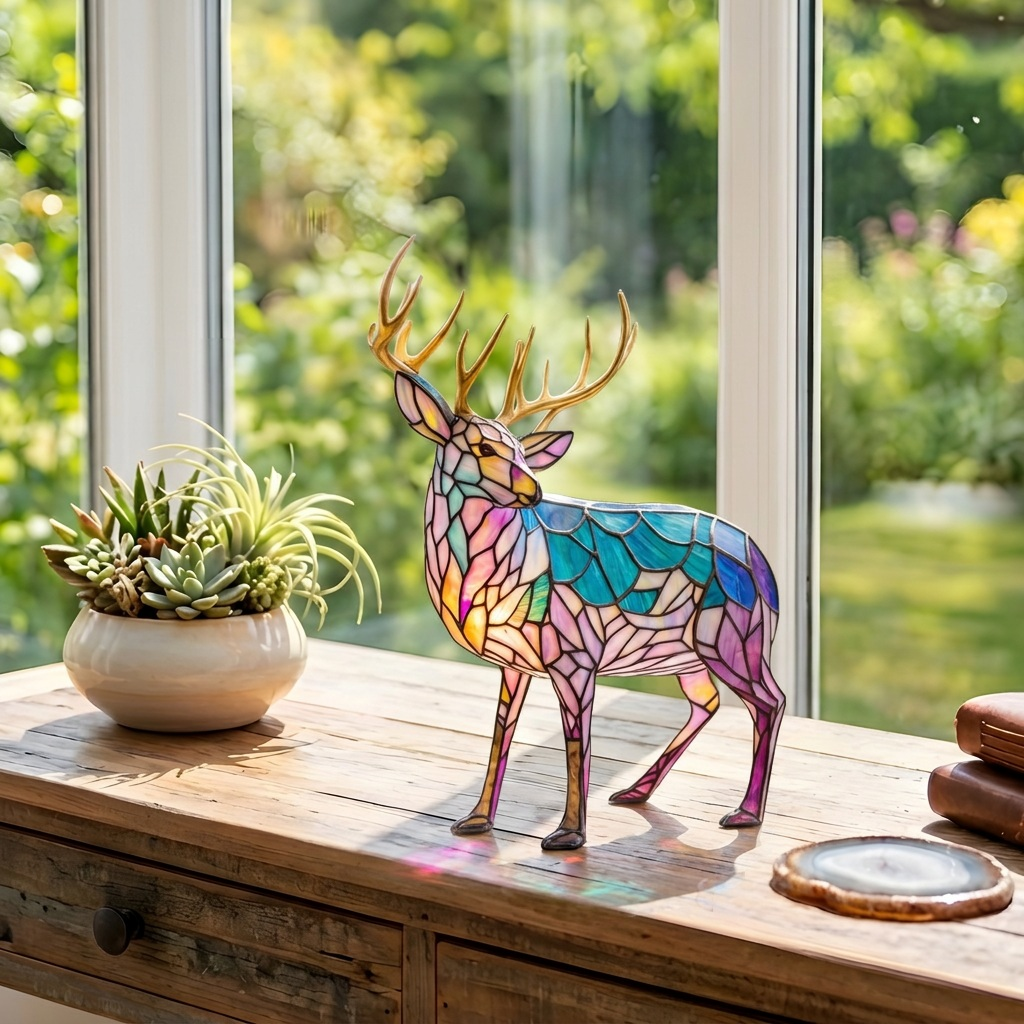 Hertenlamp Sand dierenlamp op een houten tafel in een lichte kamer