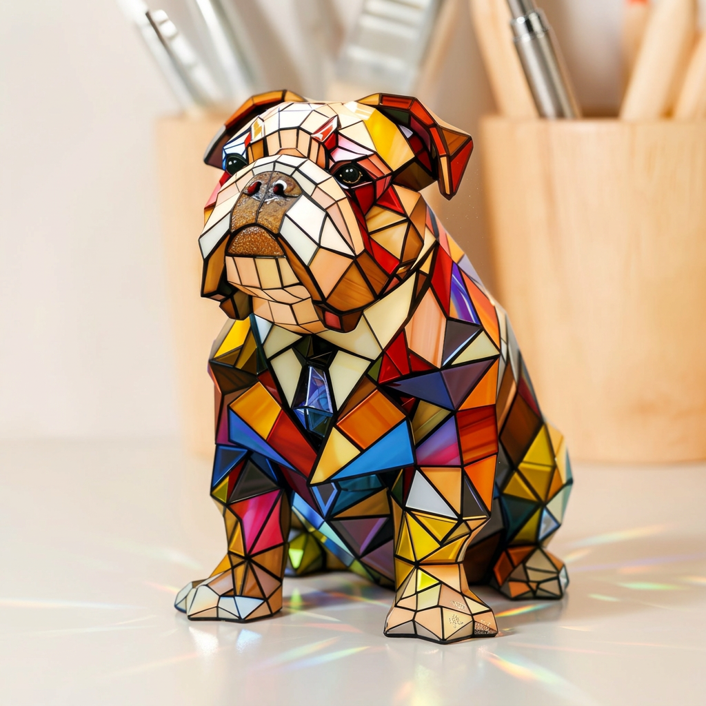 Elegante Bulldog dierenlamp in glas-in-lood-stijl, verlicht