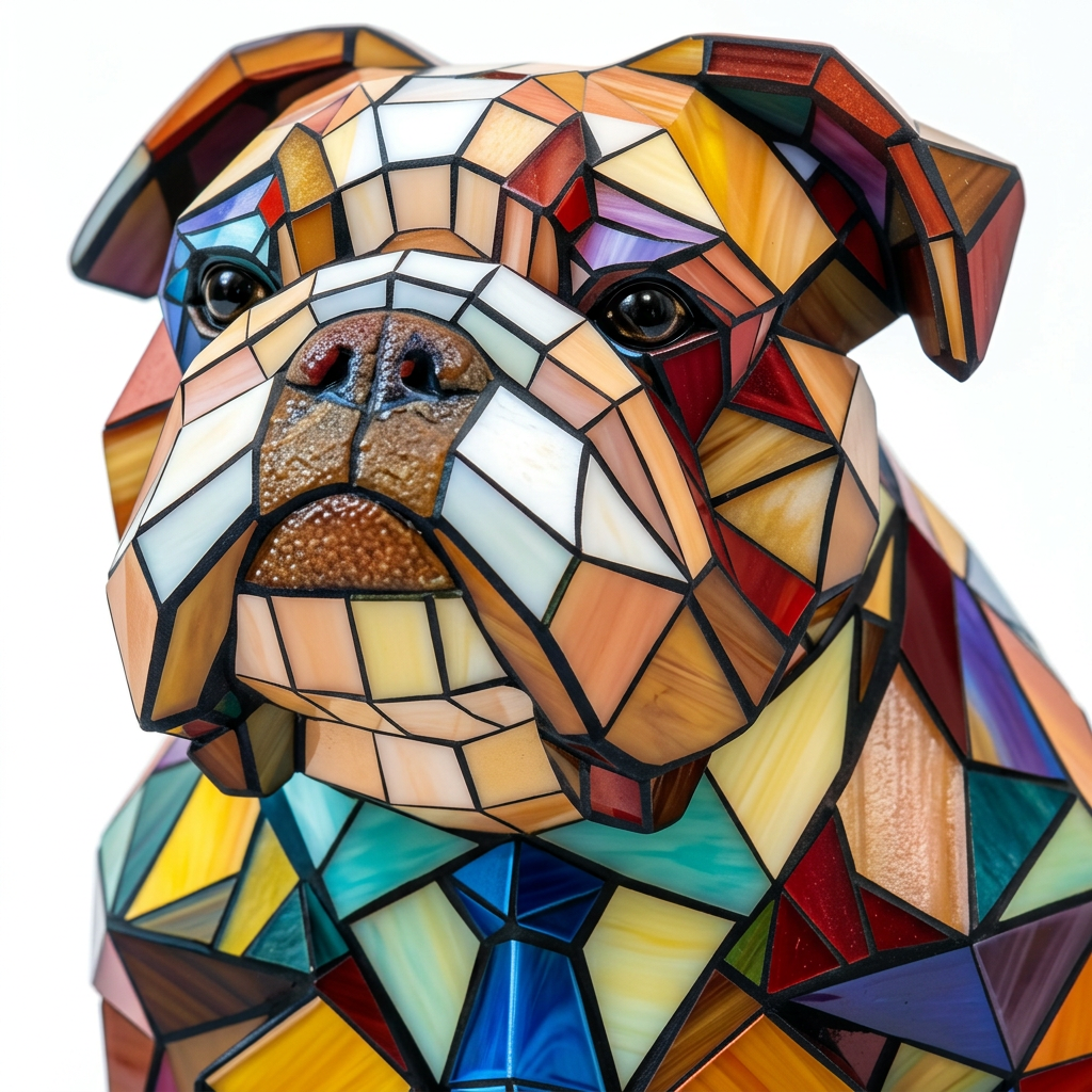 Close-up van de Elegante Bulldog dierenlamp, kleurrijk mozaïekdetail