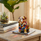 Elegante Bulldog dierenlamp op een houten tafel in een lichte kamer
