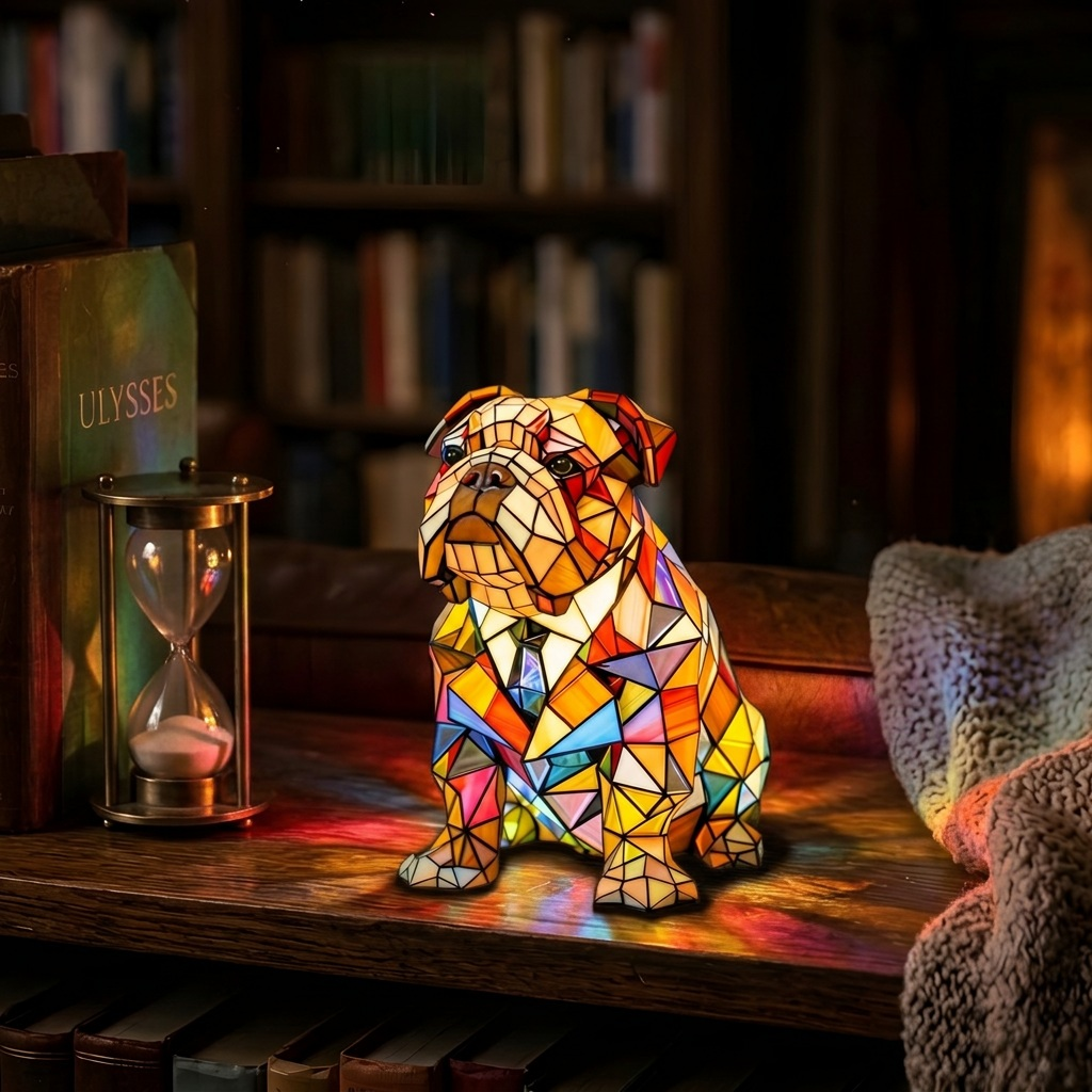 Elegante Bulldog dierenlamp die gezellig gloeit in een kamer 's avonds