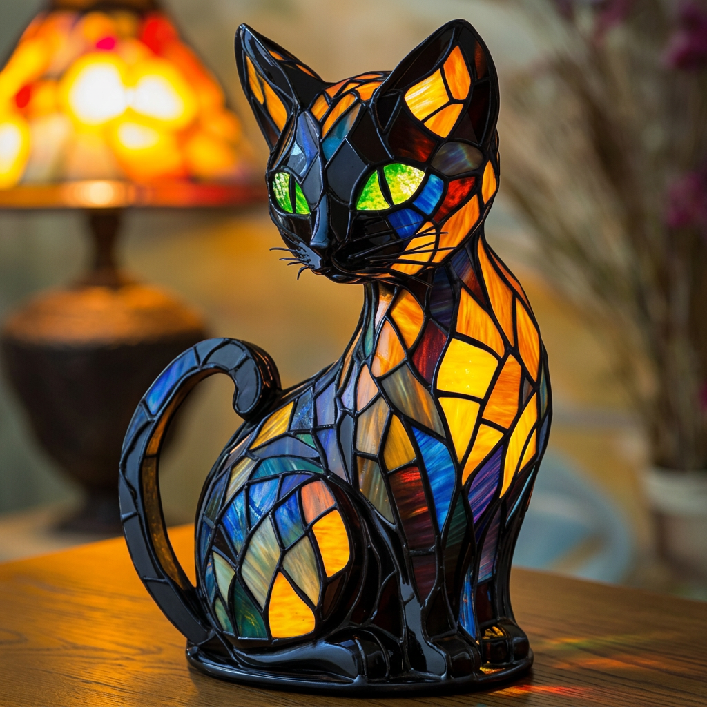 Fluweelschemering Kat dierenlamp in glas-in-lood-stijl, verlicht
