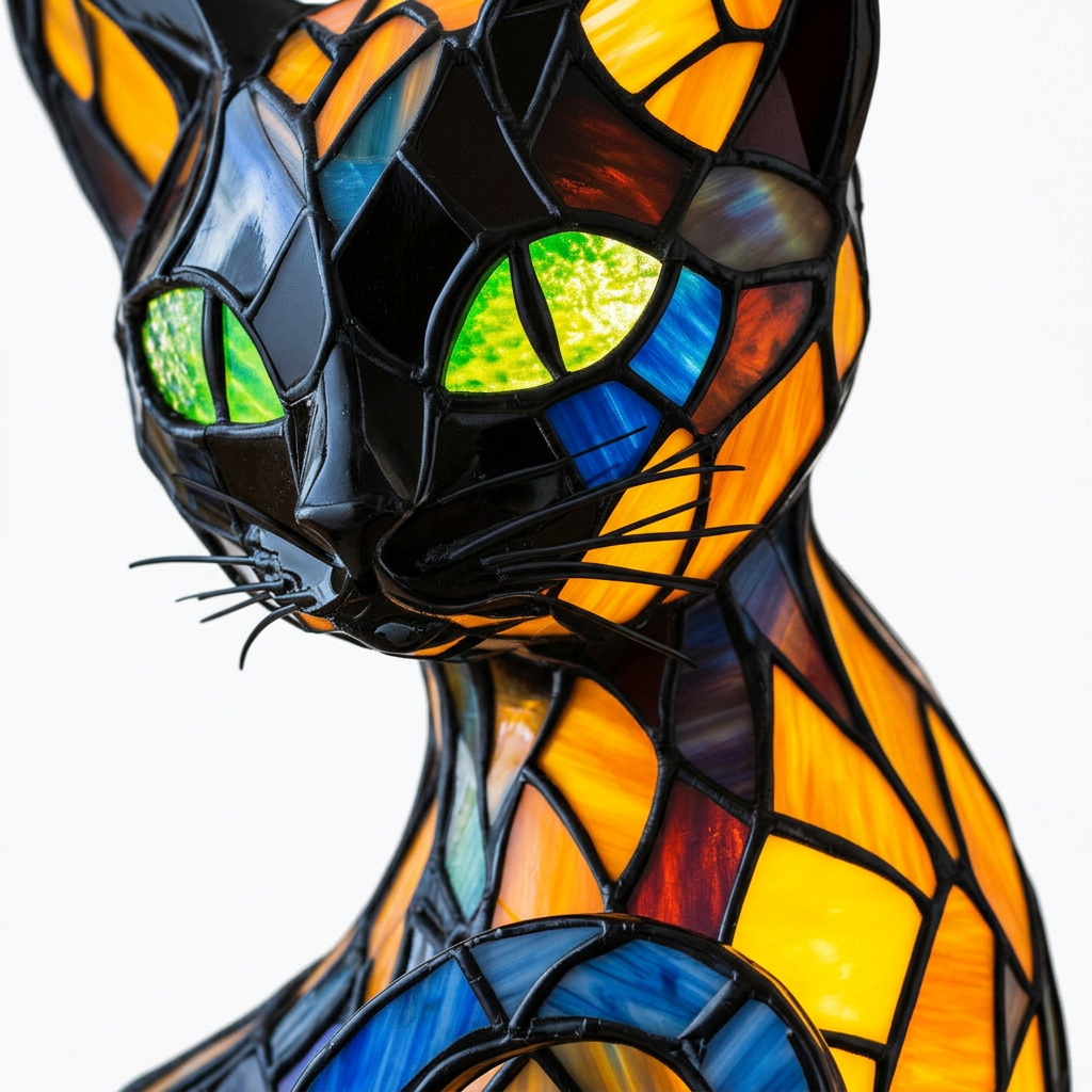 Close-up van de Fluweelschemering Kat dierenlamp, kleurrijk mozaïekdetail