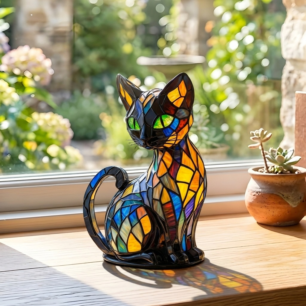 Fluweelschemering Kat dierenlamp op een houten tafel in een lichte kamer