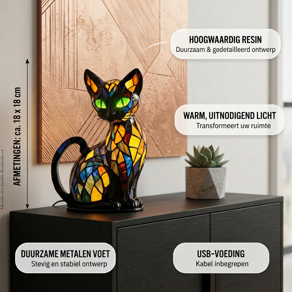 Fluweelschemering Kat dierenlamp met productkenmerken