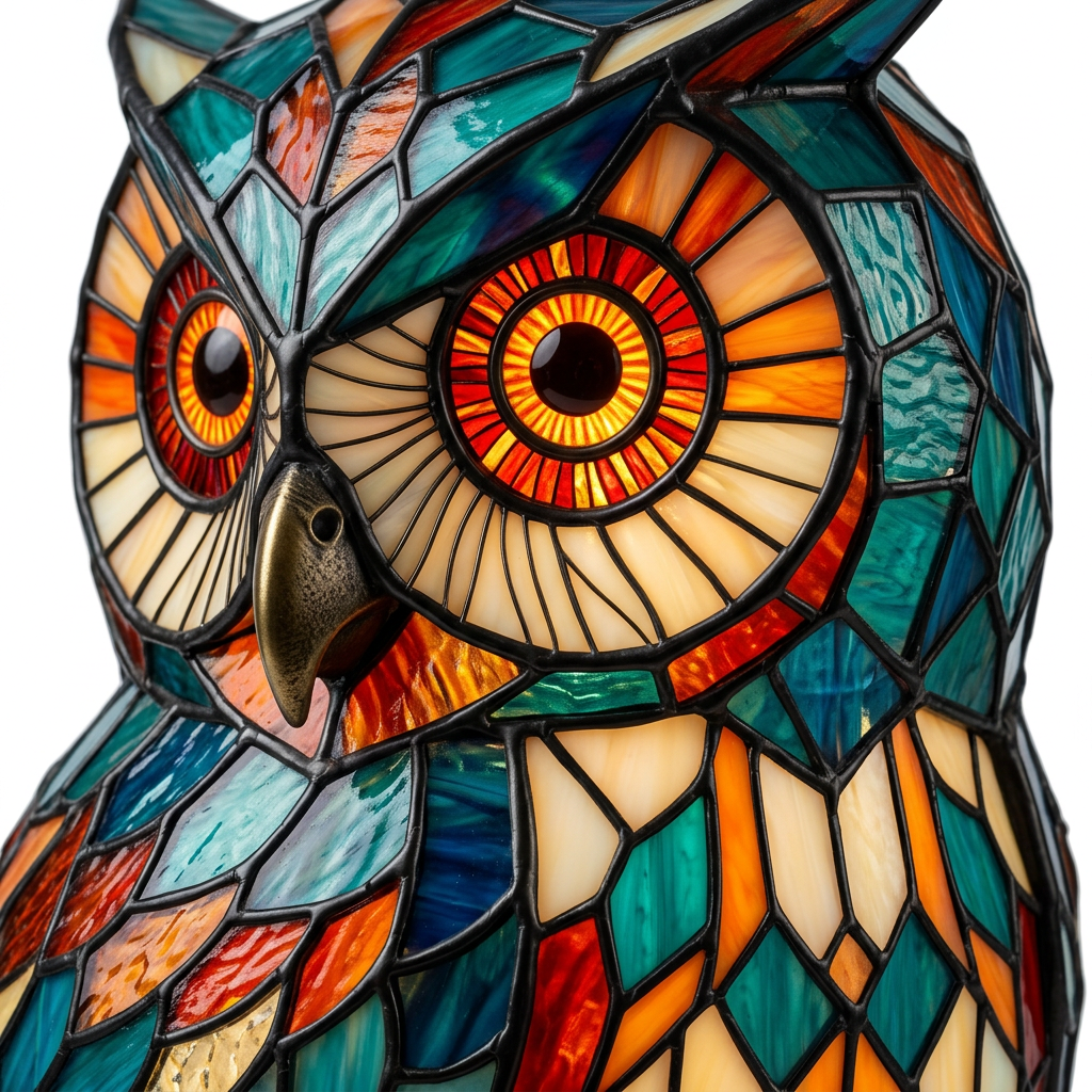 Gros plan de la lampe animale Hibou Sage, détail de la mosaïque colorée