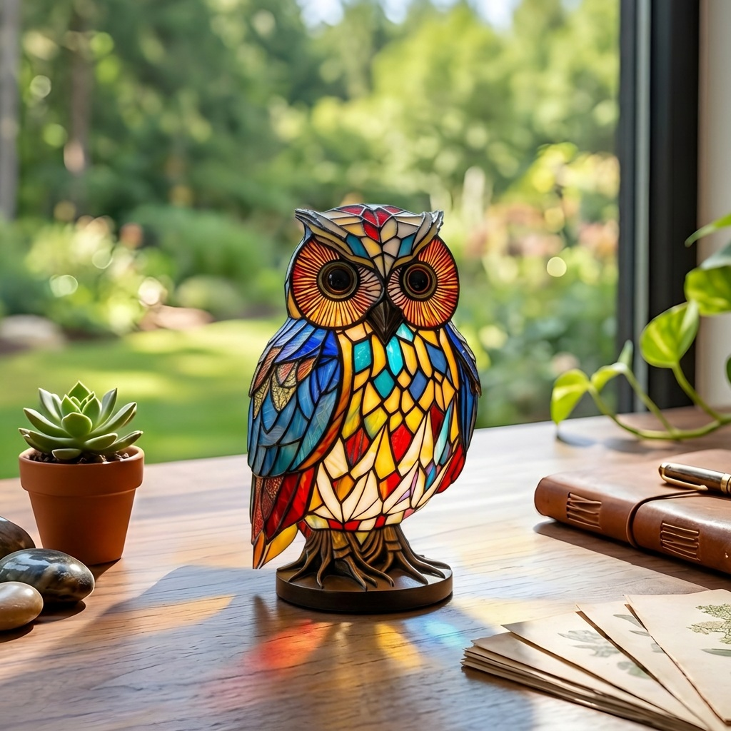 Lampe animale Hibou Sage sur une table en bois dans une pièce lumineuse